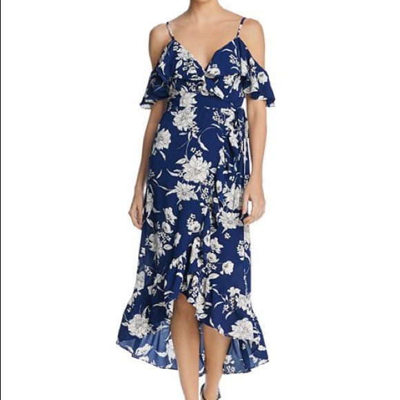 Aqua Dresses & Skirts - AQUA Floral Cold-Shoulder Ruffle Wrap Dress